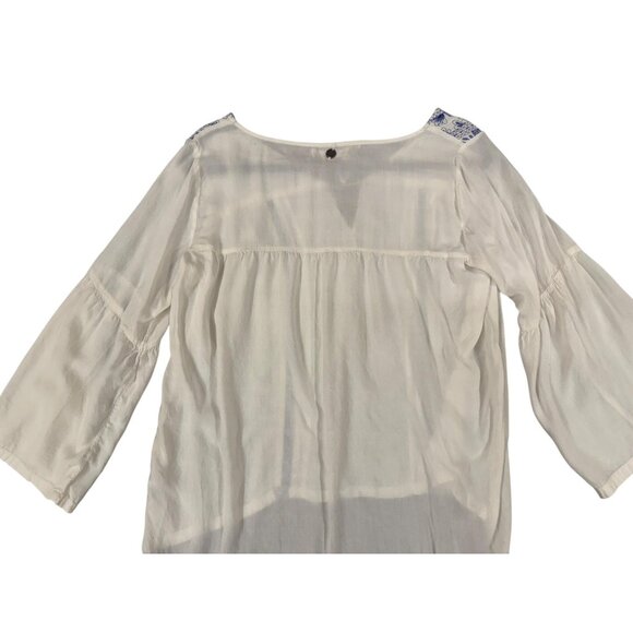 Billabong Shirt Womens Medium White Blue Embroidered Boho Peasant Tassel Tunic - Picture 11 of 12